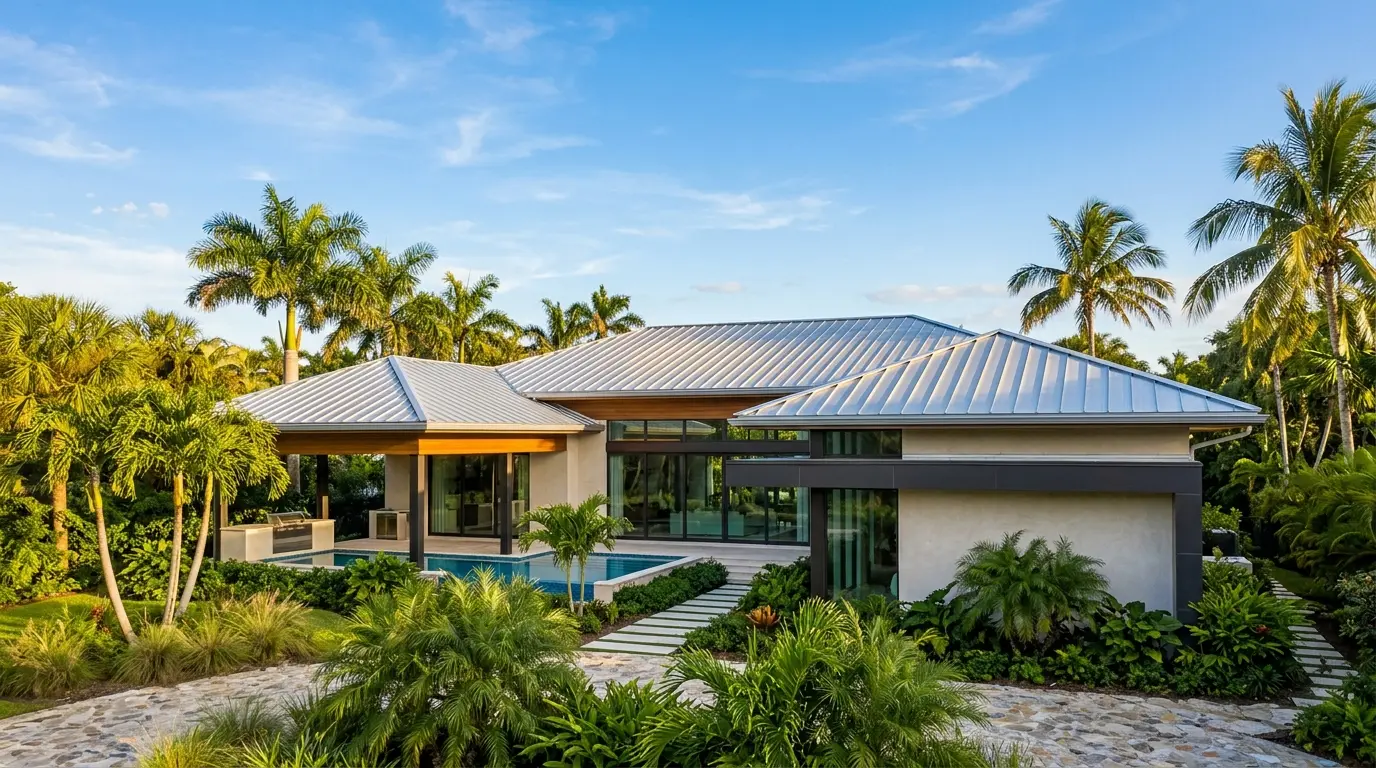 Modern Florida home with a gleaming standing seam metal roof