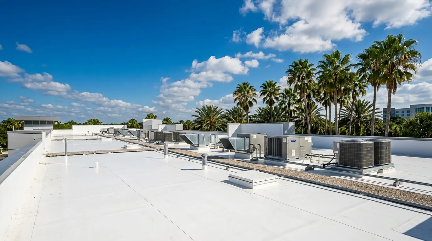 Bright reflective commercial flat roof under a clear Tampa sky