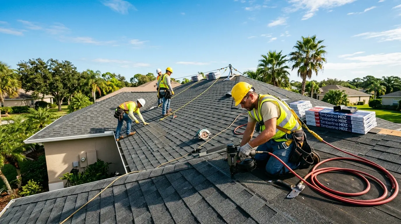 Reflective Roofing crew installing a new shingle roof