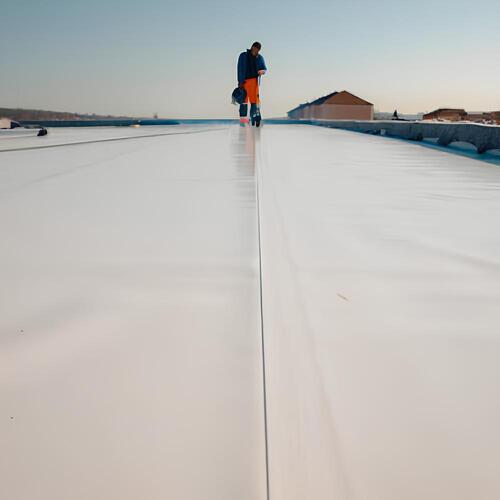 worker on a single-ply roofing system